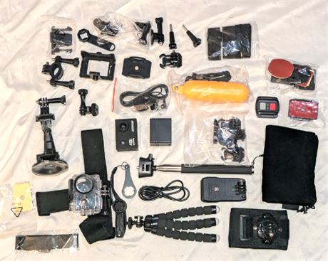 4K Action camera and accessories, includes batteries, mounts, and more